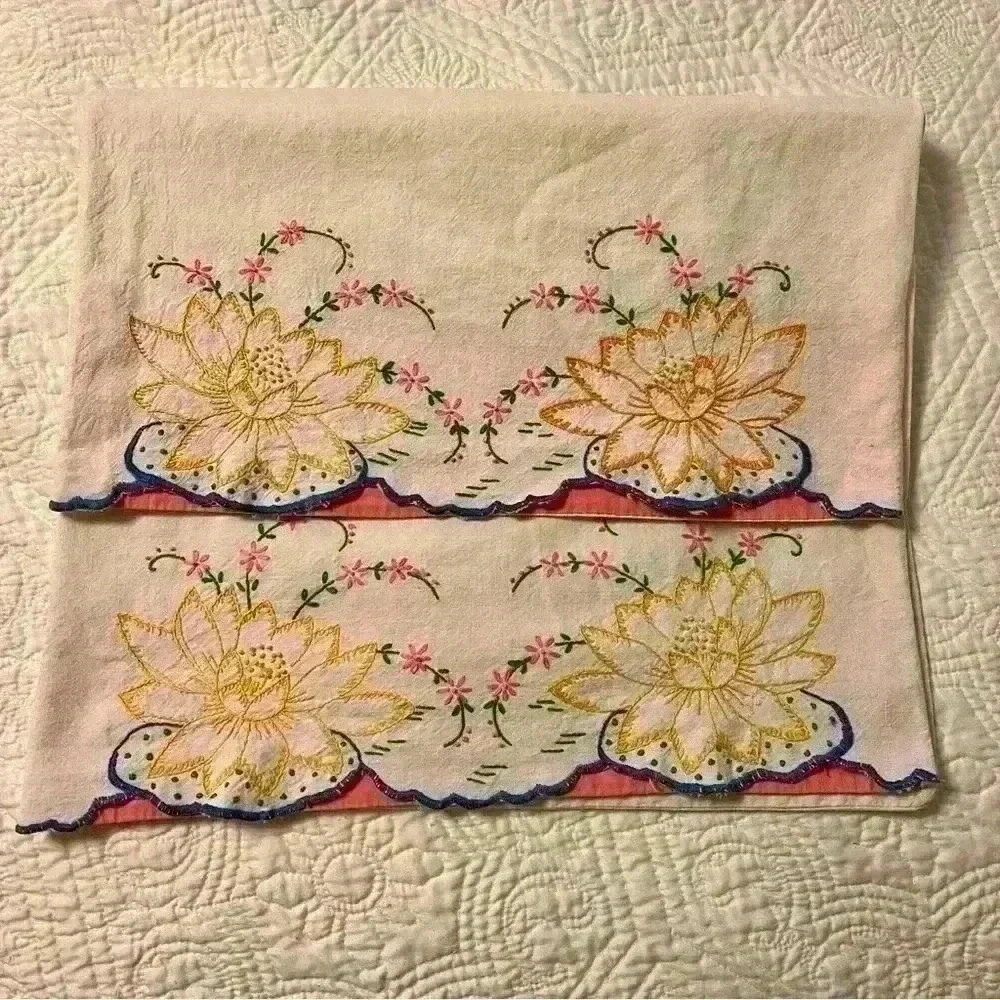 Set of 2 vintage handmade embroidered flour sack pillowcases lotus flower